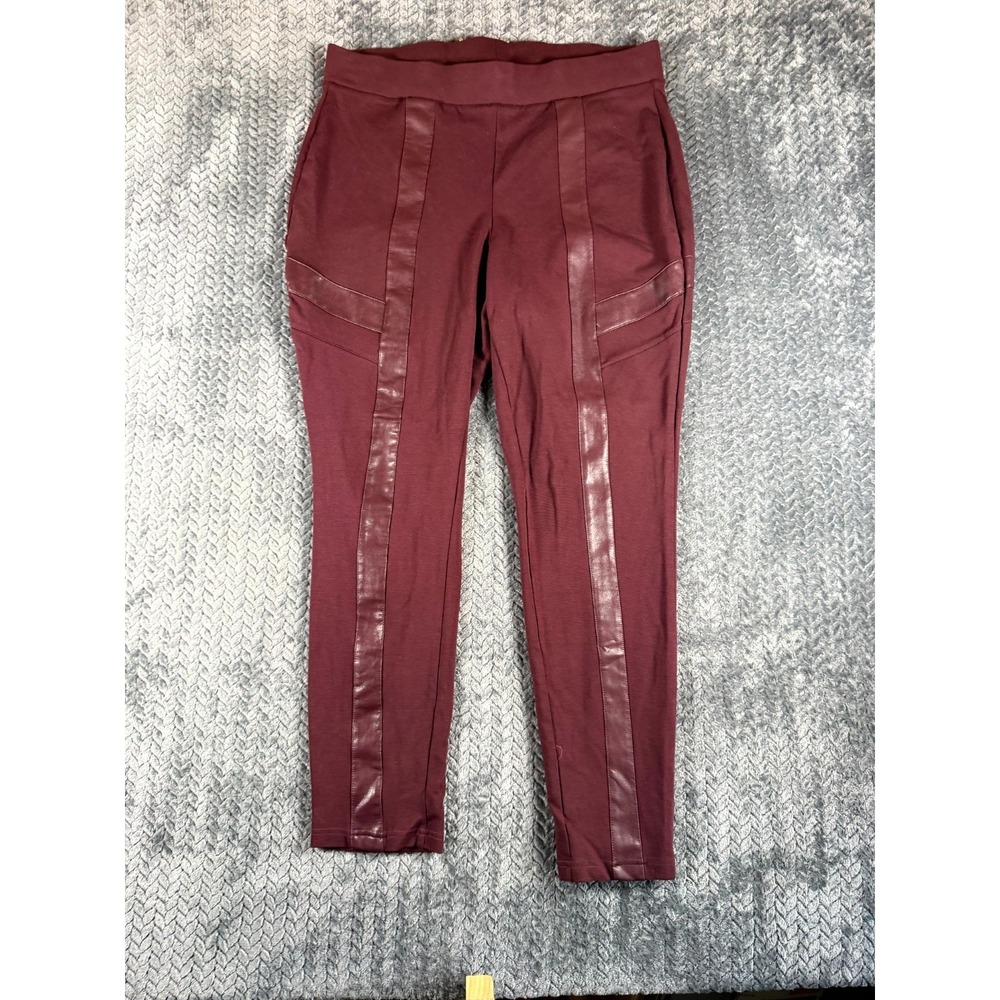 Ashley Stewart Faux Leather Trim Pants Womens 18/20 Burgundy Stretch High Rise‎